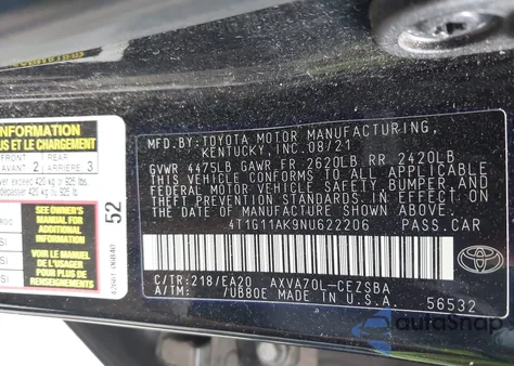 2022 Toyota Camry Se from USA, damaged, VIN 4T1G11AK9NU622206